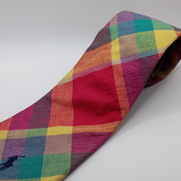 Polo by Ralph Lauren Tie Madras Plaid Cotton Vintage Made In USA 57" Length - Picture 4 of 12